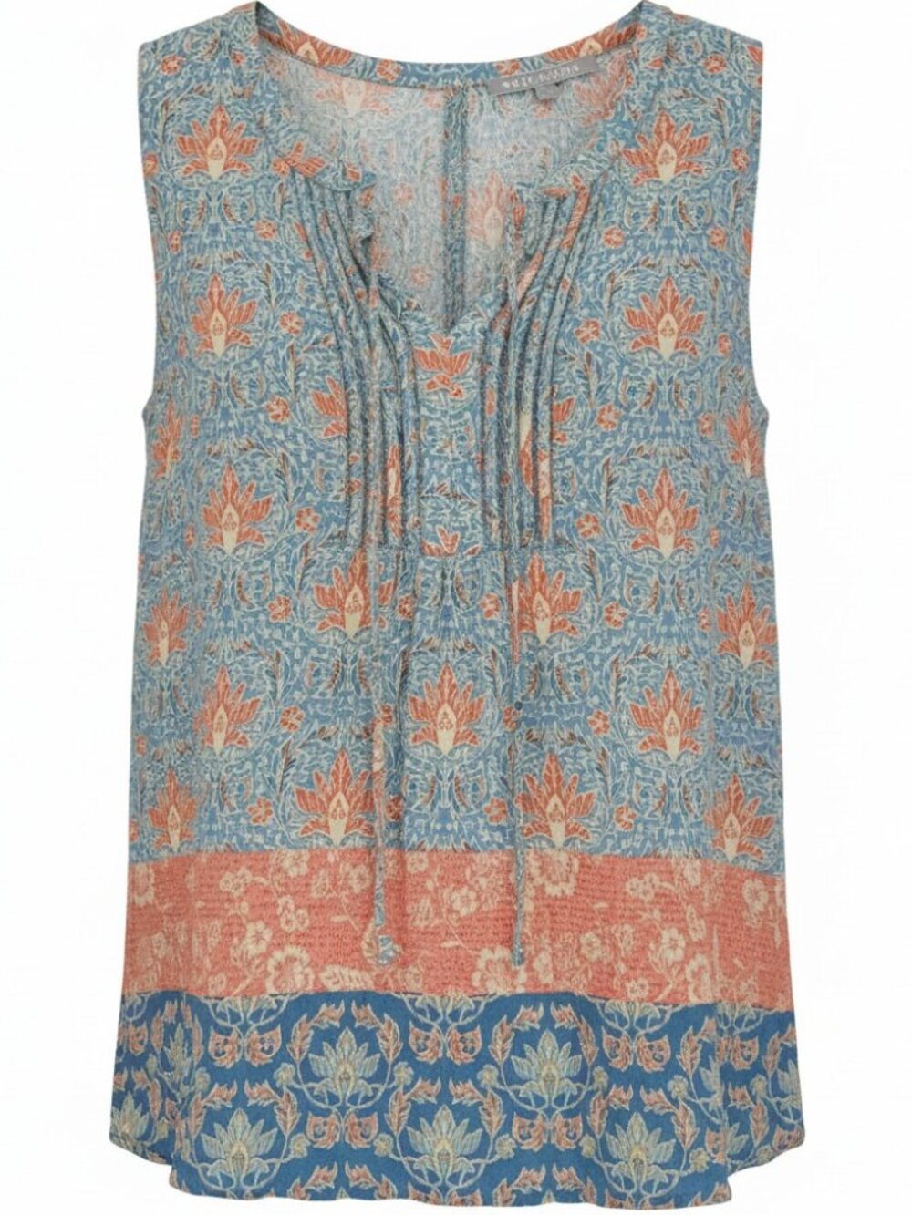 Daniel Rainn Boho Floral Block Print Pintuck Tie Neck Rayon Blouse Blue XL